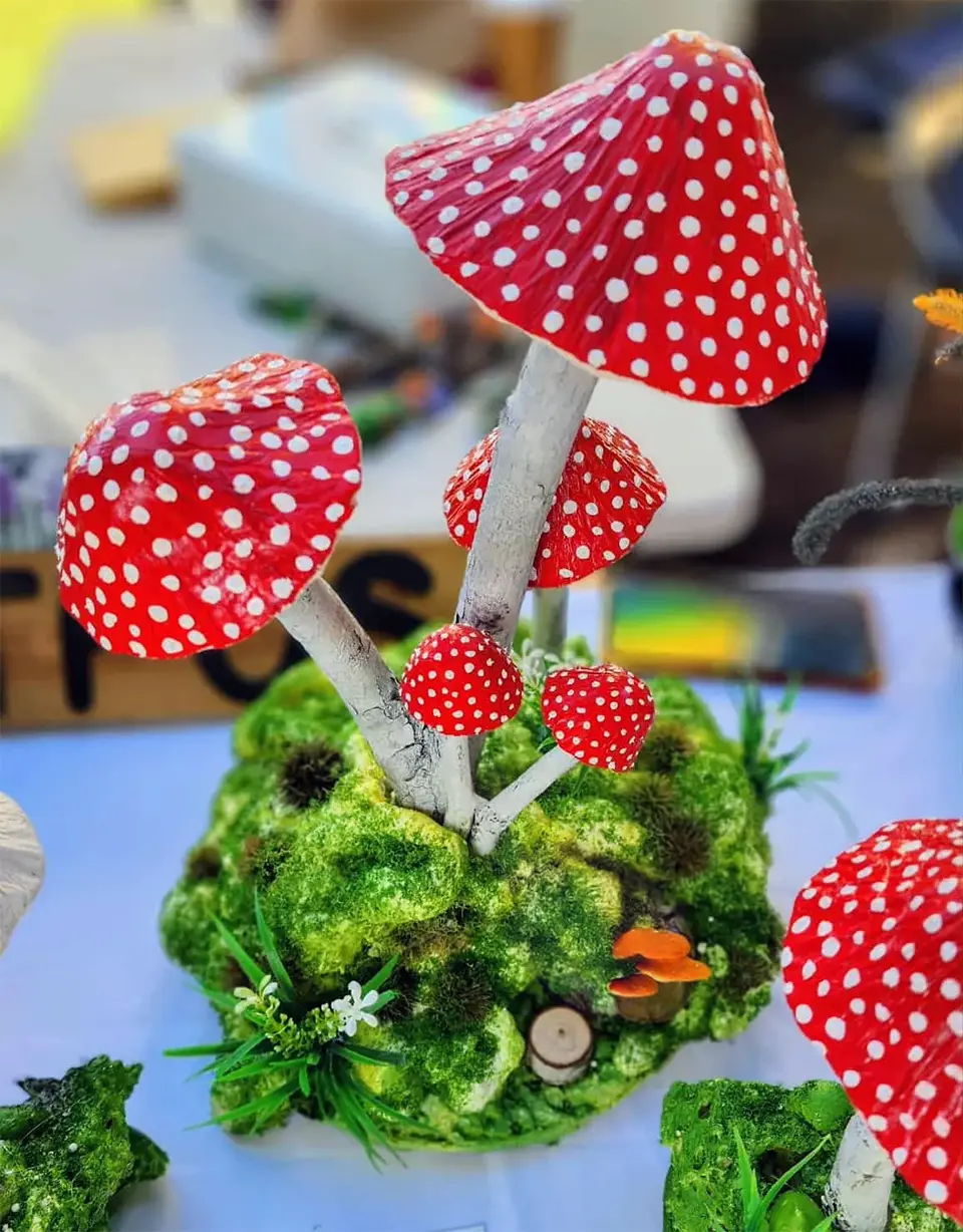 Hand crafted mushroom ornaments, Nimbin Markets